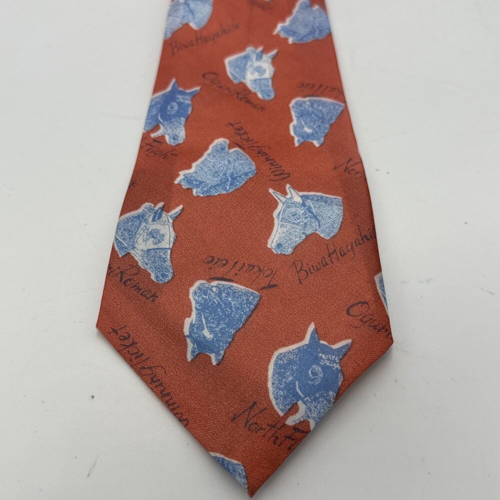 Vtg Racehorse Mens Necktie Orange Blue Western Equestrian Horse Old Money